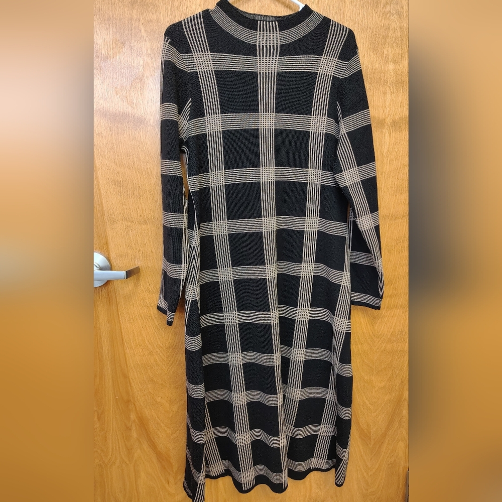 Danny & Nicole Black and Taupe Windowpane Plaid Knit Sweater Dress
